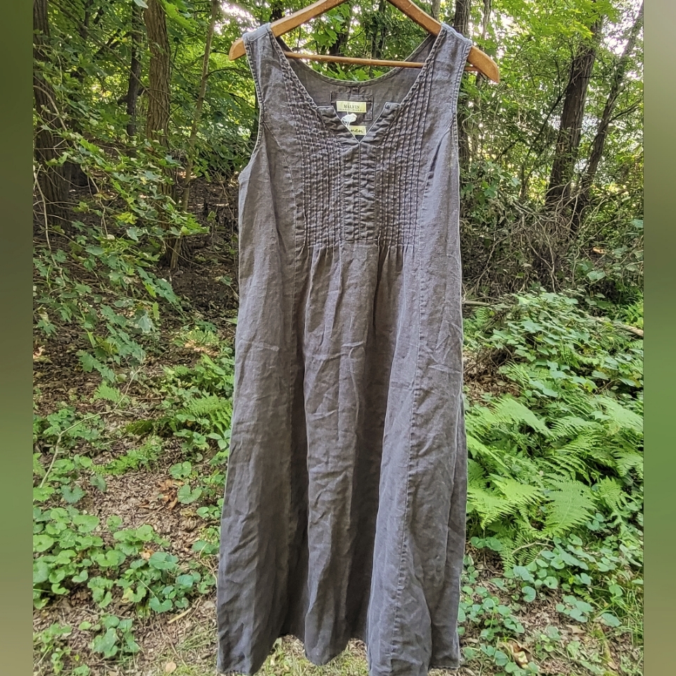 Malvin I Love Linen Pin Tuck Pinafore Lagenlook Dress Grey Women's Small